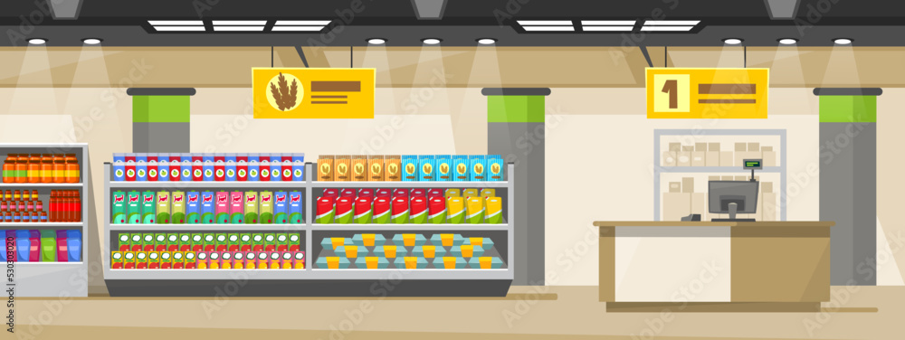 Supermarket or grocery store interior design. Inside an empty retail store with food on shelves and a cashier stand. Background of a shop with products and counter. Cartoon style vector illustration.