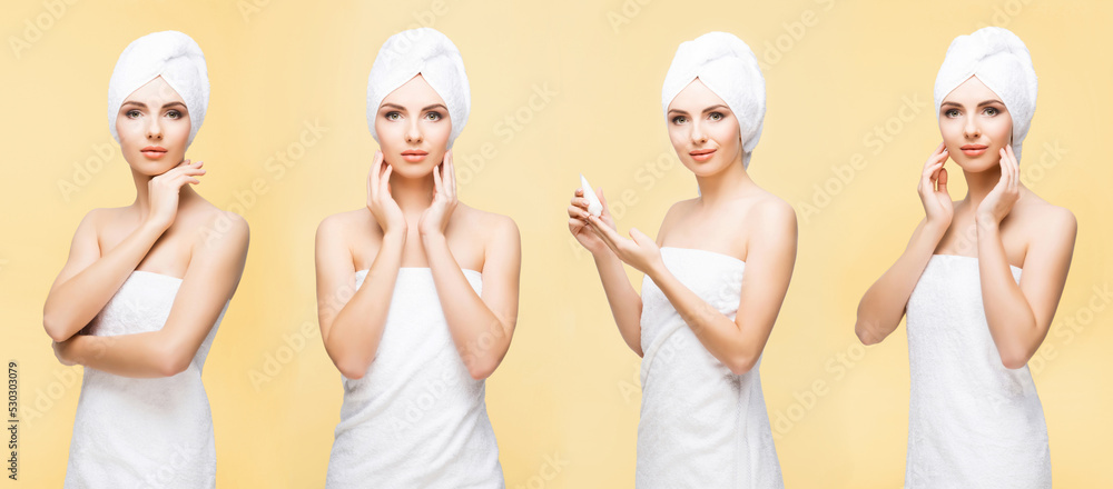 Young, beautiful and natural woman wrapped in towel. Set collection. Young, beautiful and natural woman wrapped in towel. Set collection.