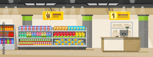 Supermarket or grocery store interior design. Inside an empty retail store with food on shelves and a cashier stand. Background of a shop with products and counter. Cartoon style vector illustration.