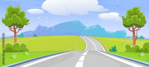 Vector background of a road to the mountains in cartoon style. Summer route to adventures through a scenic green valley in a national park. A massive mountain on the horizon. Landscape view.