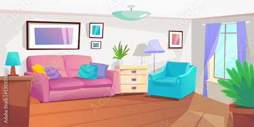 Modern cozy living room with furniture. The elegant interior design of a bright apartment. A couch, an armchair, picture frames on walls, a window, a plant, a lamp. Cartoon style vector illustration.