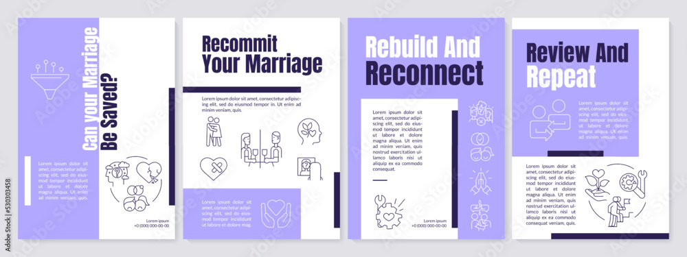 Save marriage from total collapse purple brochure template. Review, repeat. Leaflet design with linear icons. Editable 4 vector layouts for presentation, annual reports. Anton, Lato-Regular fonts used