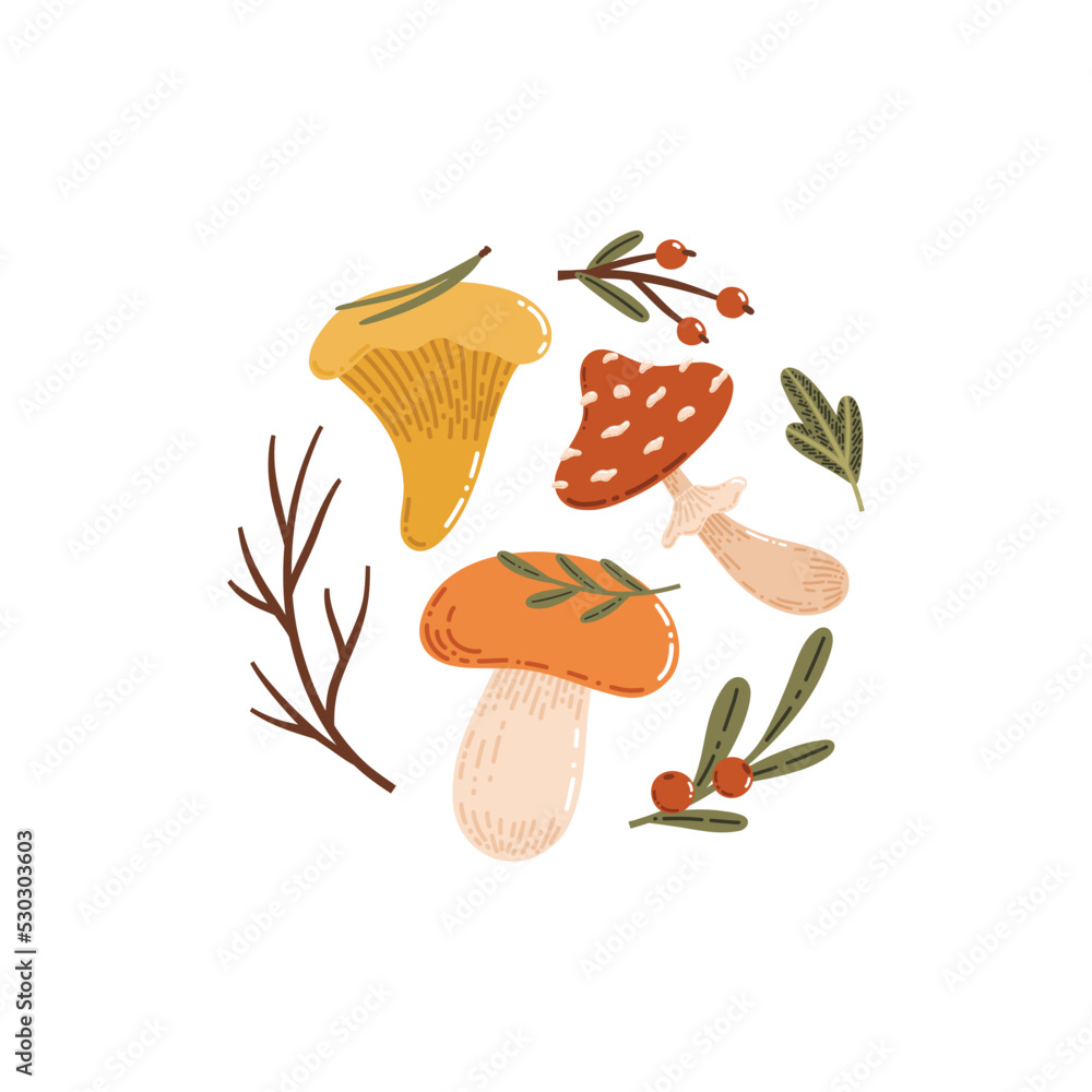 Vector autumn concept illustration with mushrooms and branches. Hand drawn clipart, perfect for stickers, greeting cards, icons.
