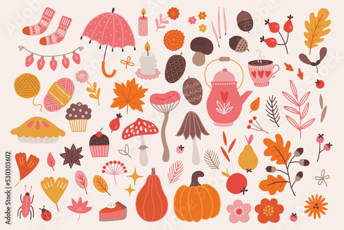 Autumn set - umbrella, mushrooms, candle, socks, yarn, pie, muffin, pumpkin
