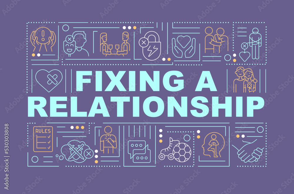 Repairing damaged relationship word concepts dark purple banner. Infographics with editable icons on color background. Isolated typography. Vector illustration with text. Arial-Black font used