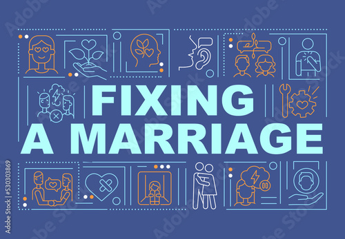 Solving marital problems word concepts dark blue banner. Counseling. Infographics with editable icons on color background. Isolated typography. Vector illustration with text. Arial-Black font used