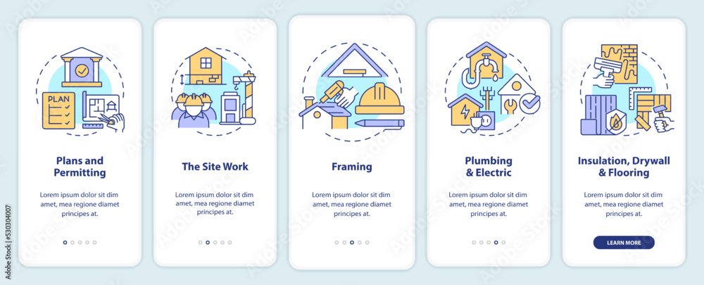 Phases of home building onboarding mobile app screen. Construction walkthrough 5 steps editable graphic instructions with linear concepts. UI, UX, GUI template. Myriad Pro-Bold, Regular fonts used