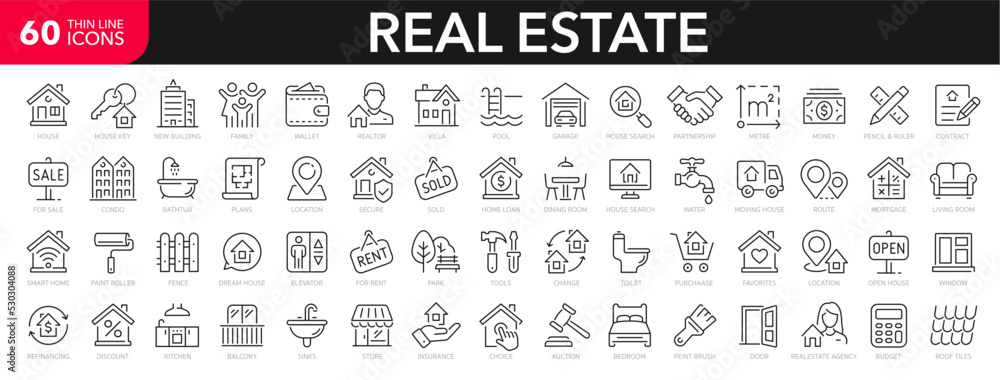Real Estate line icons set. Real Estate outline icons collection. Purchase and sale of housing, rental of premises, insurance, realty, property, mortgage, home loan - stock vector. - obrazy, fototapety, plakaty 