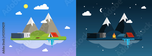 floating island with mountain, bonfire and change of day and night, vector illustration, travel background, flat design