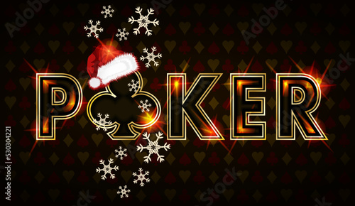 Christmas poker banner with santa claus hat and clubs sign, vector illustration