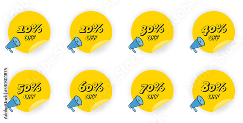 Discount sale off tag 10, 20, 30, 40, 50, 60, 70, 80 percent. Set sale offer emblem, badge price discount number with megaphone. Flat offer stamp, sticker clearance sale. Vector