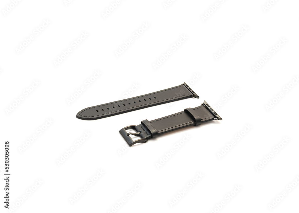 Two pieces of brand new leather band with straps for smart watch isolated on white background Two pieces of brand new leather band with straps for smart watch isolated on white background