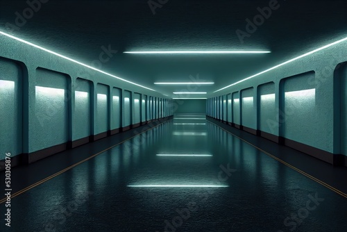 Fotografie, Obraz Clean corridor with arches on walls and led illumination