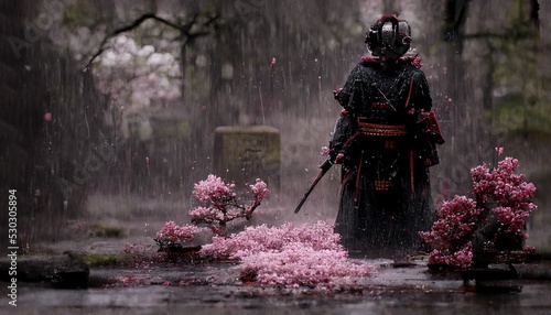 Canvas Print Samurai near sakuras in temple yard under heavy rain