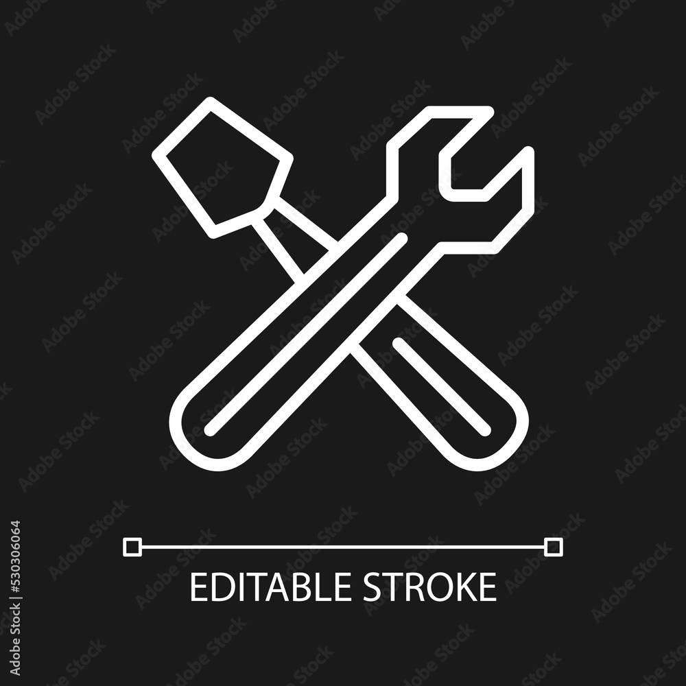 Hand tools white linear icon for dark theme. Automobile repair workshop. Settings menu. Wrench and screwdriver. Thin line illustration. Isolated symbol for night mode. Editable stroke. Arial font used Hand tools white linear icon for dark theme. Automobile repair workshop. Settings menu. Wrench and screwdriver. Thin line illustration. Isolated symbol for night mode. Editable stroke. Arial font used
