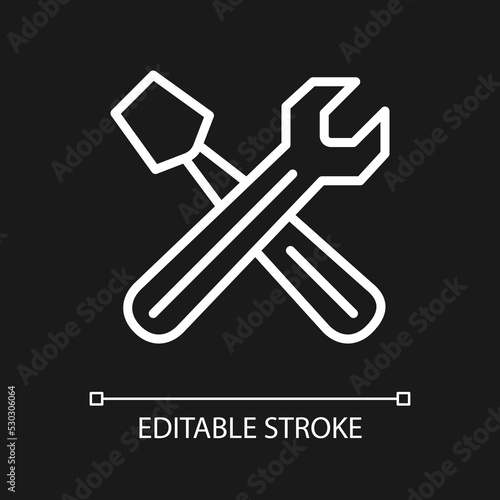 Hand tools white linear icon for dark theme. Automobile repair workshop. Settings menu. Wrench and screwdriver. Thin line illustration. Isolated symbol for night mode. Editable stroke. Arial font used