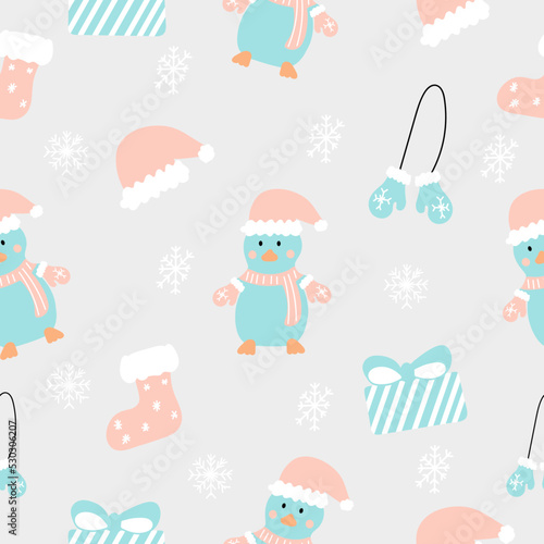 Seamless hand drawn pattern of winter elements on a grey background. Surface design for textile, fabric, wallpaper, packaging, gift wrap, paper, scrapbook and packaging. © Anna