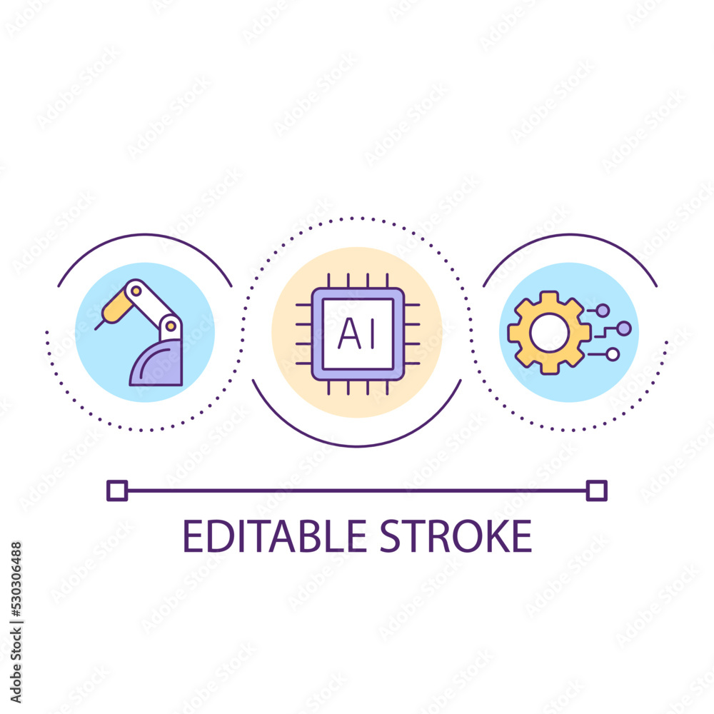 Artificial intelligence in manufacture loop concept icon. Digitalization of industry. Machinery abstract idea thin line illustration. Isolated outline drawing. Editable stroke. Arial font used Artificial intelligence in manufacture loop concept icon. Digitalization of industry. Machinery abstract idea thin line illustration. Isolated outline drawing. Editable stroke. Arial font used