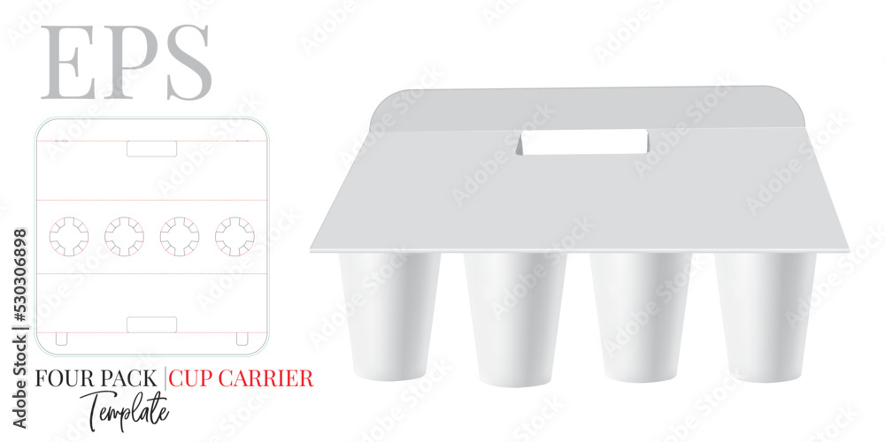 Cup Carrier Template, Three Pack Cardboard Carrier. Vector with die cu