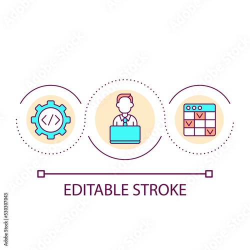 Programmer work loop concept icon. Creating software and applications. Digital data processing abstract idea thin line illustration. Isolated outline drawing. Editable stroke. Arial font used