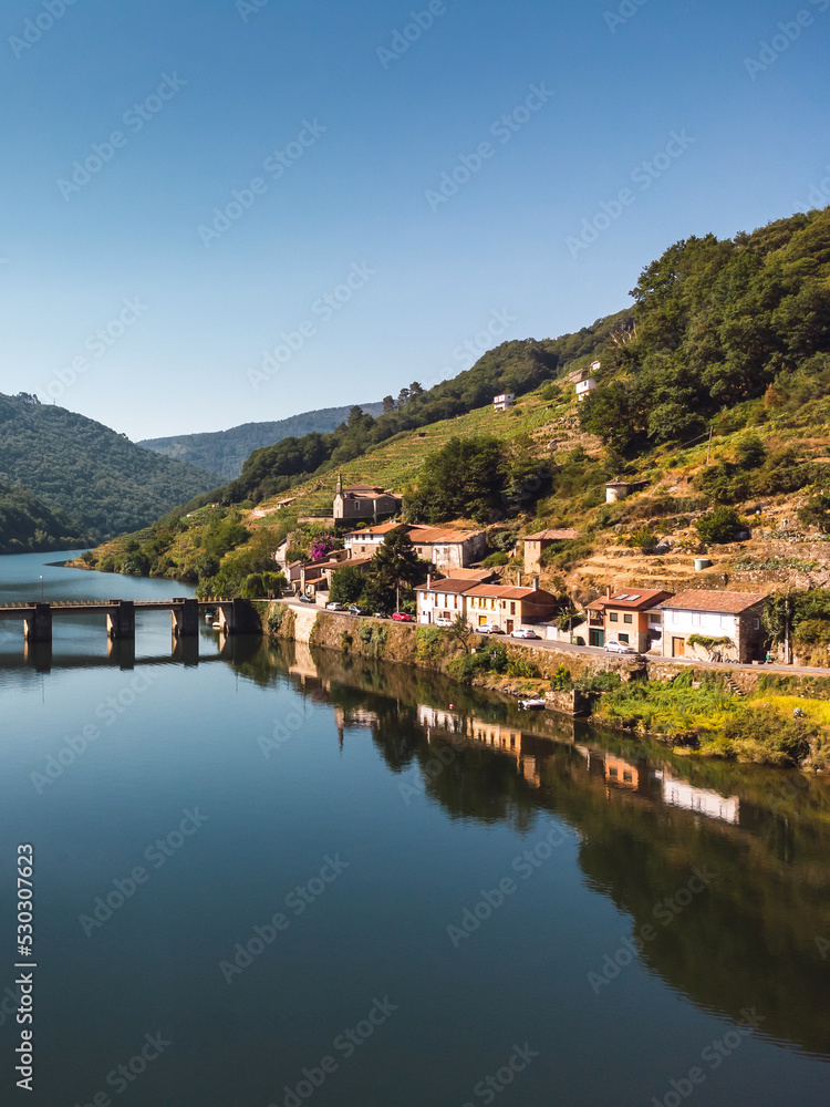 aerial view drone of the port of belesar in Ribeira Sacra, Galicia - Spain