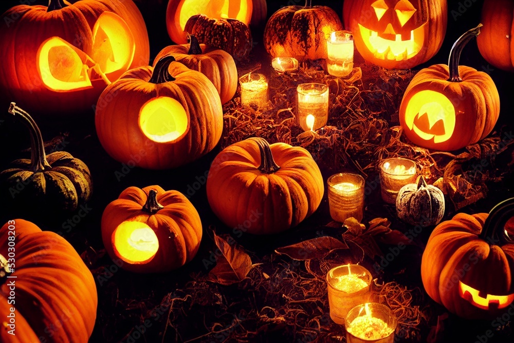 Fototapeta premium Halloween background. Pumpkins, candles, gloomy atmosphere. Neural network generated art. Digitally generated image. Not based on any actual scene or pattern. 
