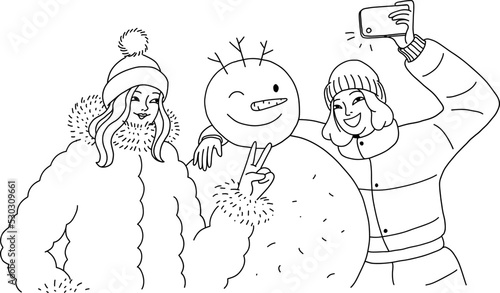 Doodle girlfriends take a picture of themselves on a mobile phone next to a cheerful snowman. Photo for memory with a snowman. Vector isolated illustration of teenagers having fun.