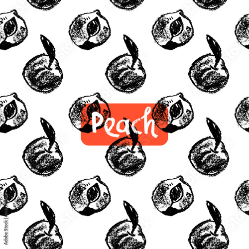 Peach seamless pattern. Vector nectarine wallpaper. Sketch art  peach background for organic baby food label, yogurt packaging design, vegan banner, fruity ornament. Apricot backdrop for jam package.