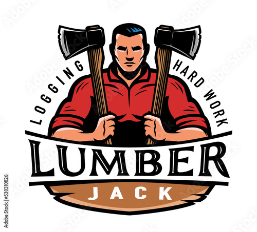 Lumberjack with axe design logo. Wood industry, logging emblem and mascot. Woodwork, timber label vector illustration