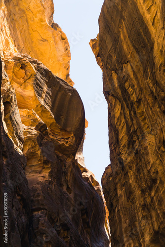narrow passage and delightful rocks on the road to canyon Petra in Jordan. High quality photo