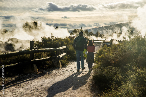 Cuadro en lienzo people in geothermal volcanic park with geysers and hot streams, scenic landscape, te piua national park, rotorua, new zealand