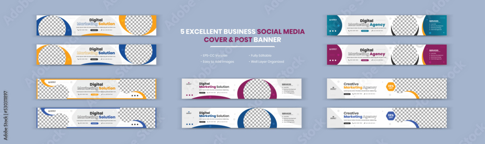 Fototapeta premium Modern abstract Digital Marketing Solution and Agency Corporate Business banner LinkedIn cover design set, Horizontal web banner set. Flat design concept. Headers vector illustration
