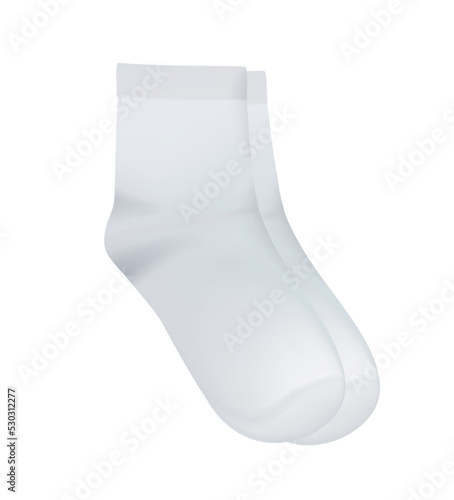 White classic sport socks. Middle length. Empty Mockup for product design and branding. Unisex template. For women, men and children. Vector realistic illustration. 