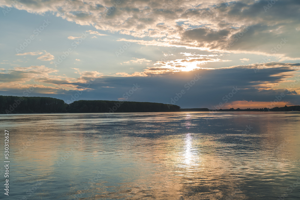 Beautiful landscape, sunset on the river. Nature wallpaper