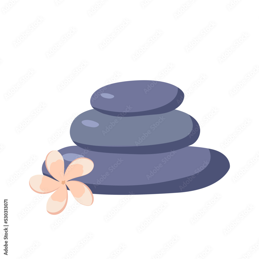 Massage stones in spa salon with plumeria flowers isolated on white background. Pebbles, beauty bodycare therapy flat vector illustration. Massage stones in spa salon with plumeria flowers isolated on white background. Pebbles, beauty bodycare therapy flat vector illustration.