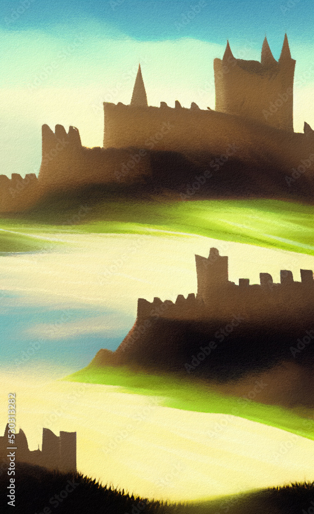 Obraz premium Abstract painting flat illustration of medieval old fantasy castle on the top of mountain. Fort on the rock peak. Mountains and field landscape