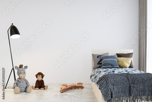 Wall mockup  in a cozy children bedroom. 3d rendered illustration.