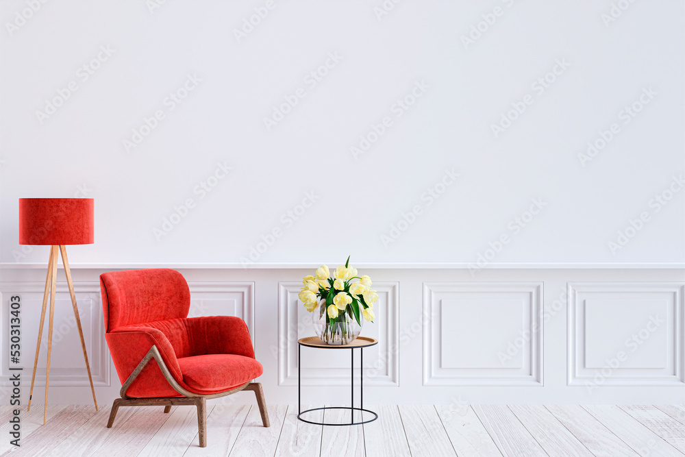 Fototapeta premium Living room customizable wall mockup. 3d rendered illustration.