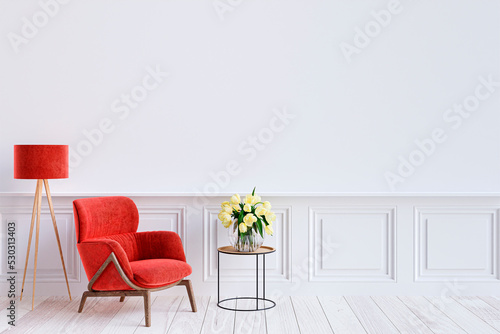 Living room customizable wall mockup. 3d rendered illustration.