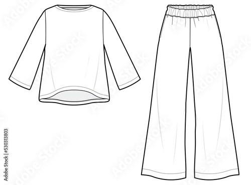 womens sleep wear set t shirt and flared pant fashion flat sketch vector illustration. cad mockup.