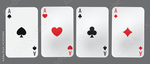 Four aces playing card suits set. Hearts, spades, diamonds, clubs cards.