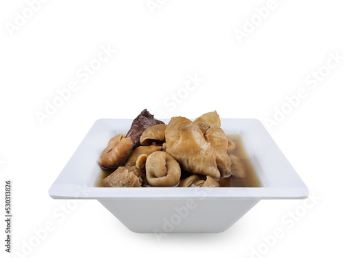 Stewed Pork Intestines sweet brown sauce serves in a white bowl, Thailand street foods.