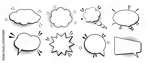Retro comic speech bubbles with black halftone shadows. Vintage design pop art style and empty vector design.