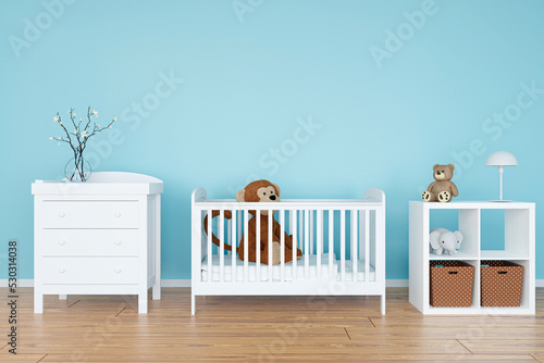 Kids bedroom with stuffed animal toys. 3d rendered illustration.