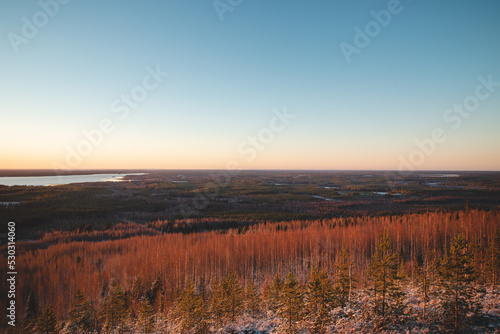 Breathtaking sunset on Mount Kivesvaara in Paltamo, Finland. View of the untouched forest landscape and Lake Kivesjarvi. Scandinavian scenery