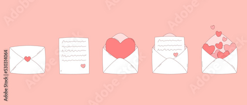 Love letters set for Valentine's day decoration. White envelope with pink heart. Happy Valentine's day. Flat isolated vector