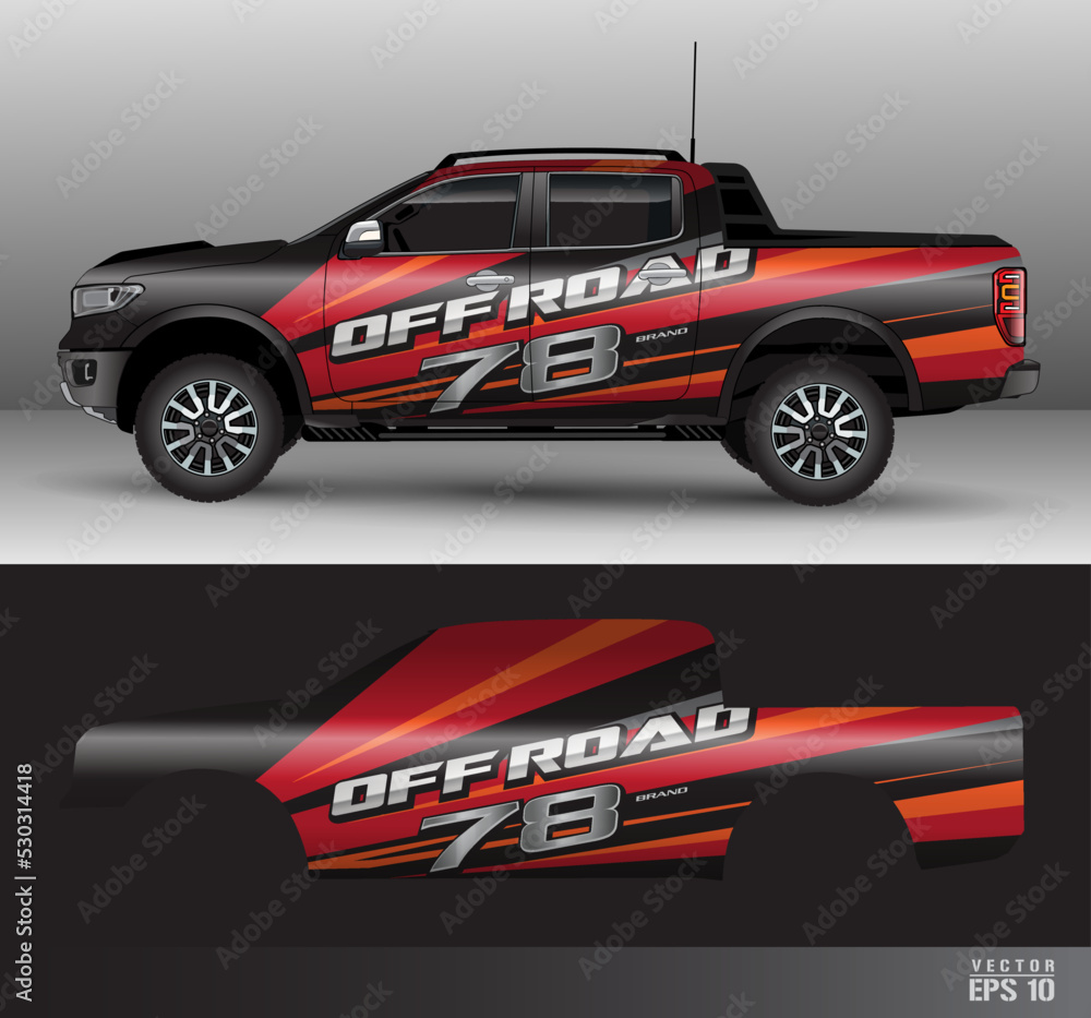 Fototapeta premium Racing car wrap design vector. Graphic abstract stripe racing background kit designs for wrap vehicle, race car, rally_13092022