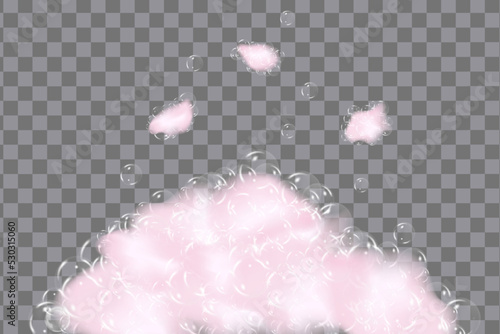 Set of bath pink foam isolated on transparent background. Shampoo bubbles texture.Sparkling shampoo and bath lather, vector illustration.