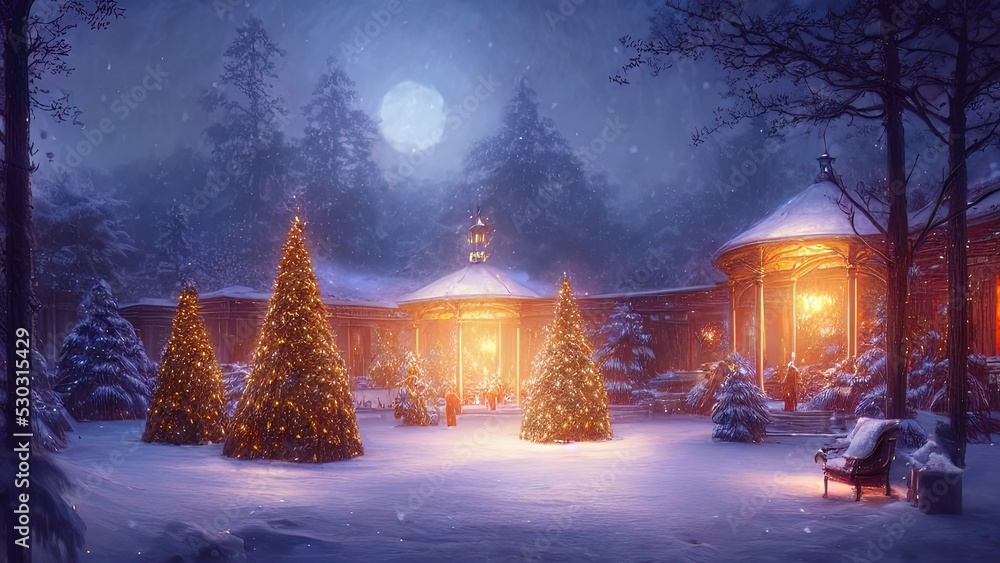 New Year's winter garden with decorated Christmas trees, lights, garlands. Festive New Year decorations, festive city. Christmas lanterns, decorated street, winter, snow, postcard. 3D illustration New Year's winter garden with decorated Christmas trees, lights, garlands. Festive New Year decorations, festive city. Christmas lanterns, decorated street, winter, snow, postcard. 3D illustration