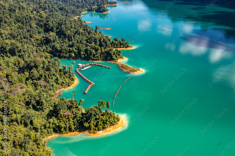 Aerial view of Khao Sok national park Cheow Lan Dam lake in Surat Thani, Thailand